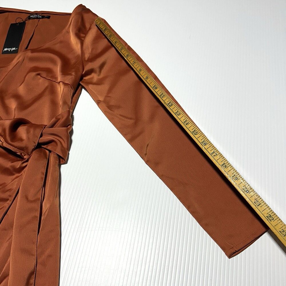 NASTY GAL Burnt Orange Faux Wrap Satin Mini  Dress Size 4 Long Sleeve NWT - Picture 12 of 12